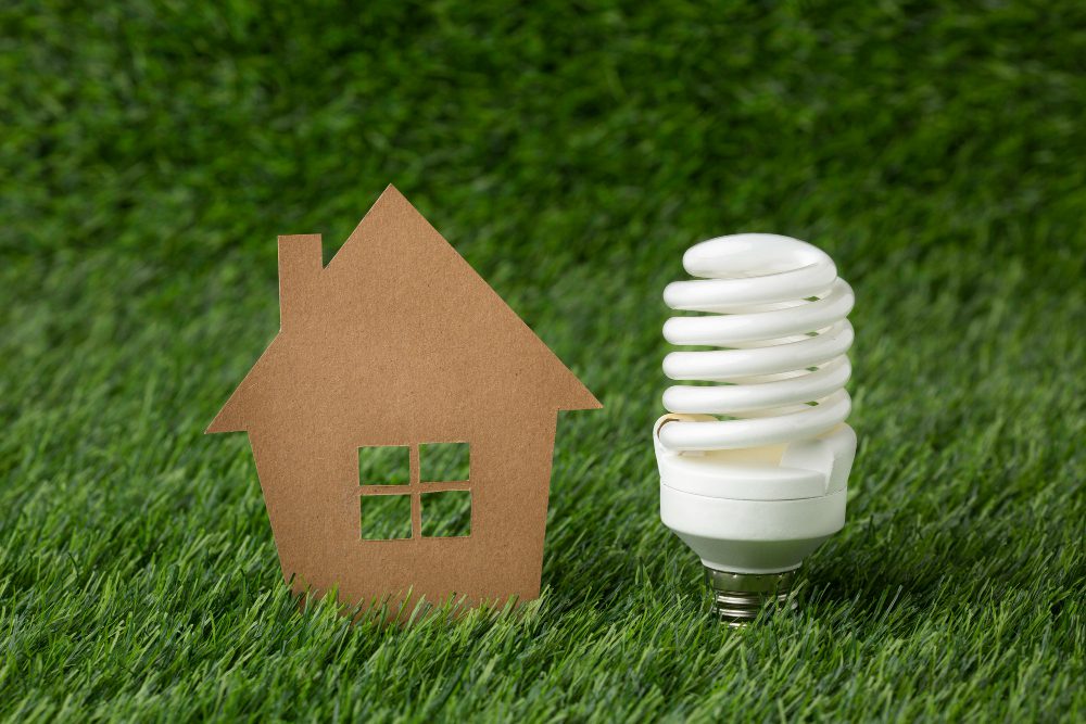 775809 - Electricitat i Aplicacions Germán SL | diario-economia.com Cardboard house model beside a CFL bulb on grass, symbolizing energy-efficient living.