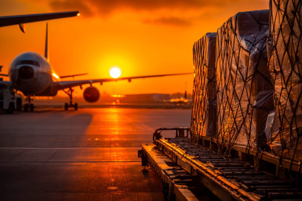 Airplane on the tarmac at sunset with a large pallet-loaded cargo wrapped in plastic in the foreground.