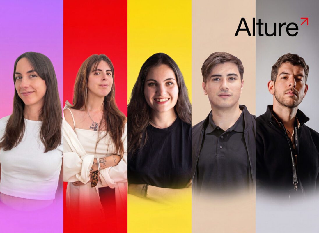 Five diverse professionals pose together in front of color-block panels with the Alture logo on the right.