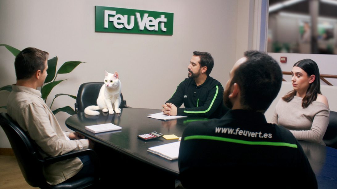 Ramses Feu Vert - IP | diario-economia.com Team meeting around a conference table with a white cat sitting on the table, FeuVert sign on the wall in the background.