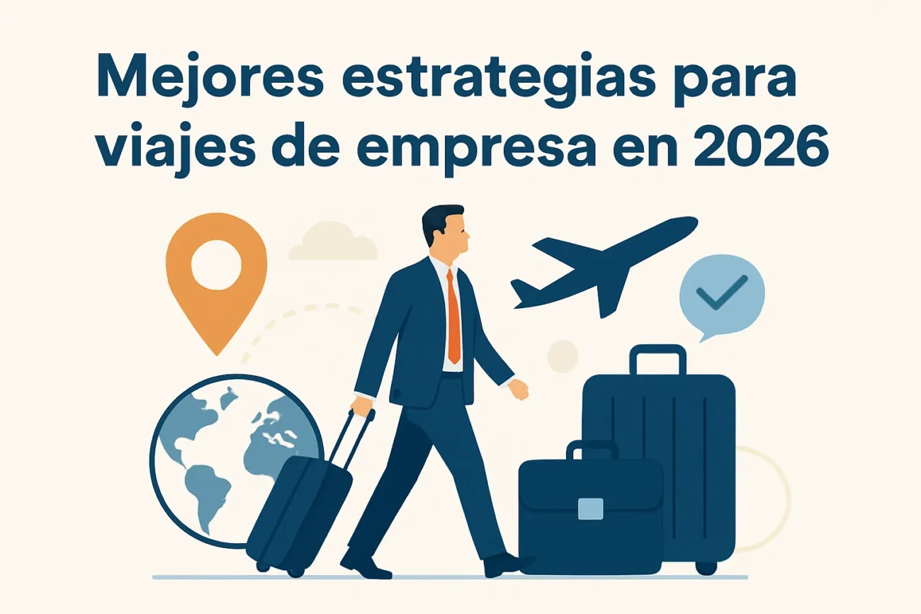 Ejecutivo de negocios con maletas junto a un avión y un globo, bajo el título en español de estrategias de viajes corporativos 2026.