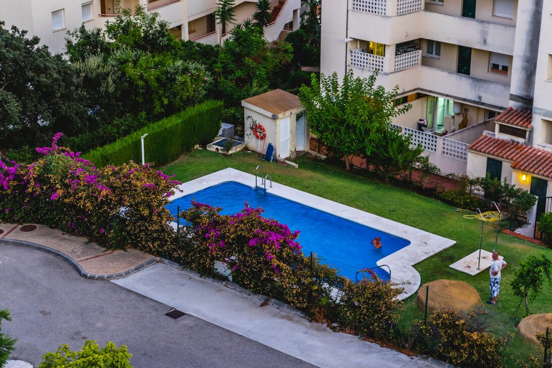 Rectangular blue swimming pool with white deck in a residential courtyard, surrounded by flowering shrubs and apartment buildings.