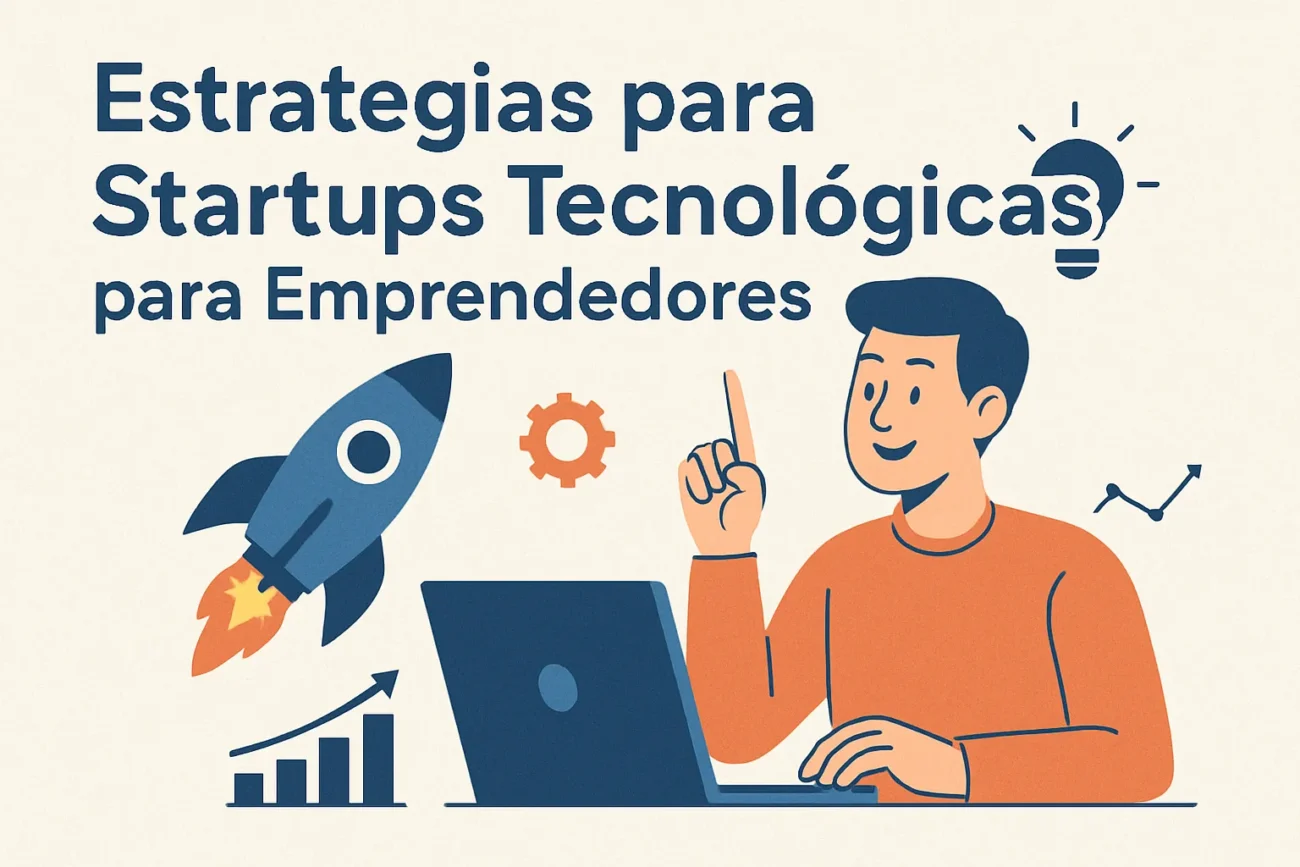 Infographic-style illustration about strategies for tech startup entrepreneurs, with a person at a laptop, rocket, gears and graphs behind them.