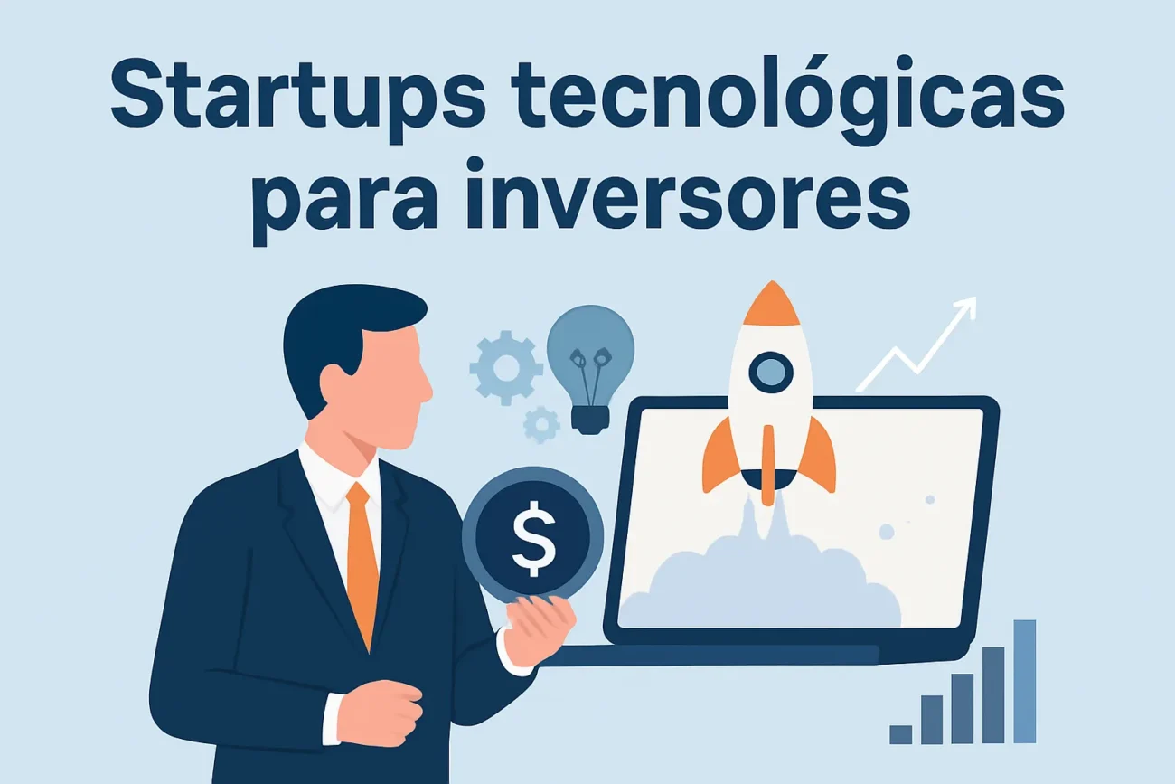 startups-tecnologicas-para-inversores | diario-economia.com Hombre de negocios con un símbolo de dólar frente a una laptop que lanza un cohete; ilustración para inversores en startups tecnológicas.