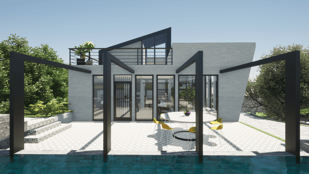 Modern glass-waced house with a spacious outdoor patio, pool, and black metal frames supporting a pergola-like structure undergoing a contemporary design with yellow chairs around a round table downtown.