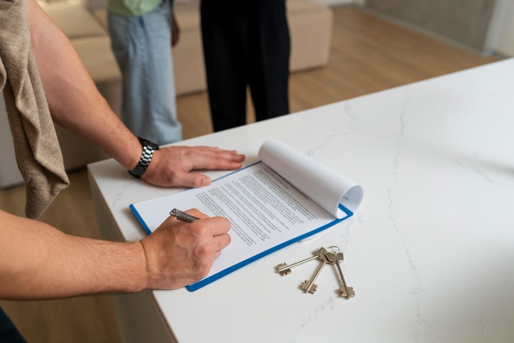 Empresas que transforman el alquiler en una experiencia simple para propietarios - 779791 - Inquilino Rentable | diario-economia.com Person signs a document on a blue-clipboard at a white marble table, with keys nearby and others standing in the background.