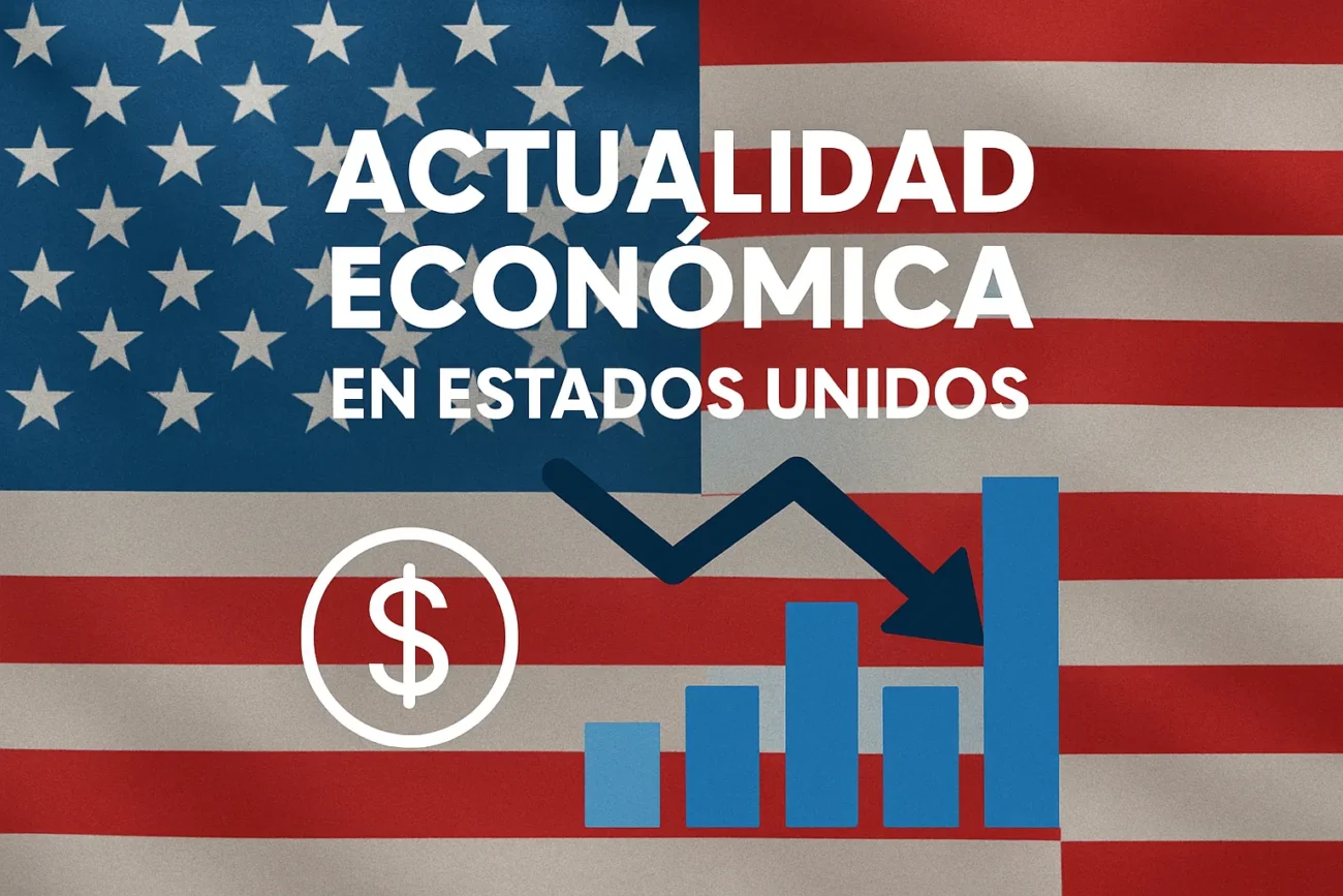 actualidad-economica-en-Estados-Unidos | diario-economia.com Actualidad económica en Estados Unidos: gráfico de barras azules y flecha descendente sobre la bandera de EE. UU.