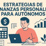 Persona trabajando en una laptop con gráficos, calculadora y una planta, ilustración sobre finanzas personales para autónomos.