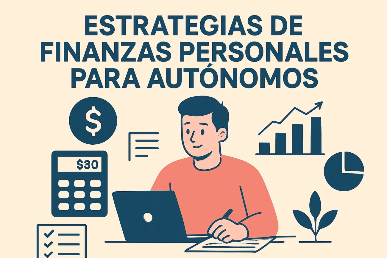 Persona trabajando en una laptop con gráficos, calculadora y una planta, ilustración sobre finanzas personales para autónomos.