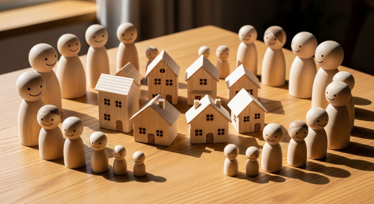 780742 Plataforma Hereditaria | diario-economia.com A circle of wooden figurines surrounds several small wooden houses on a table, depicting community housing or neighborhood unity.
