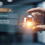 Hand holding a glass bell with a translucent screen showing smart notifications: Flight Delayed, Email (3 unread), Calendar reminder: Meeting in 10 mins.