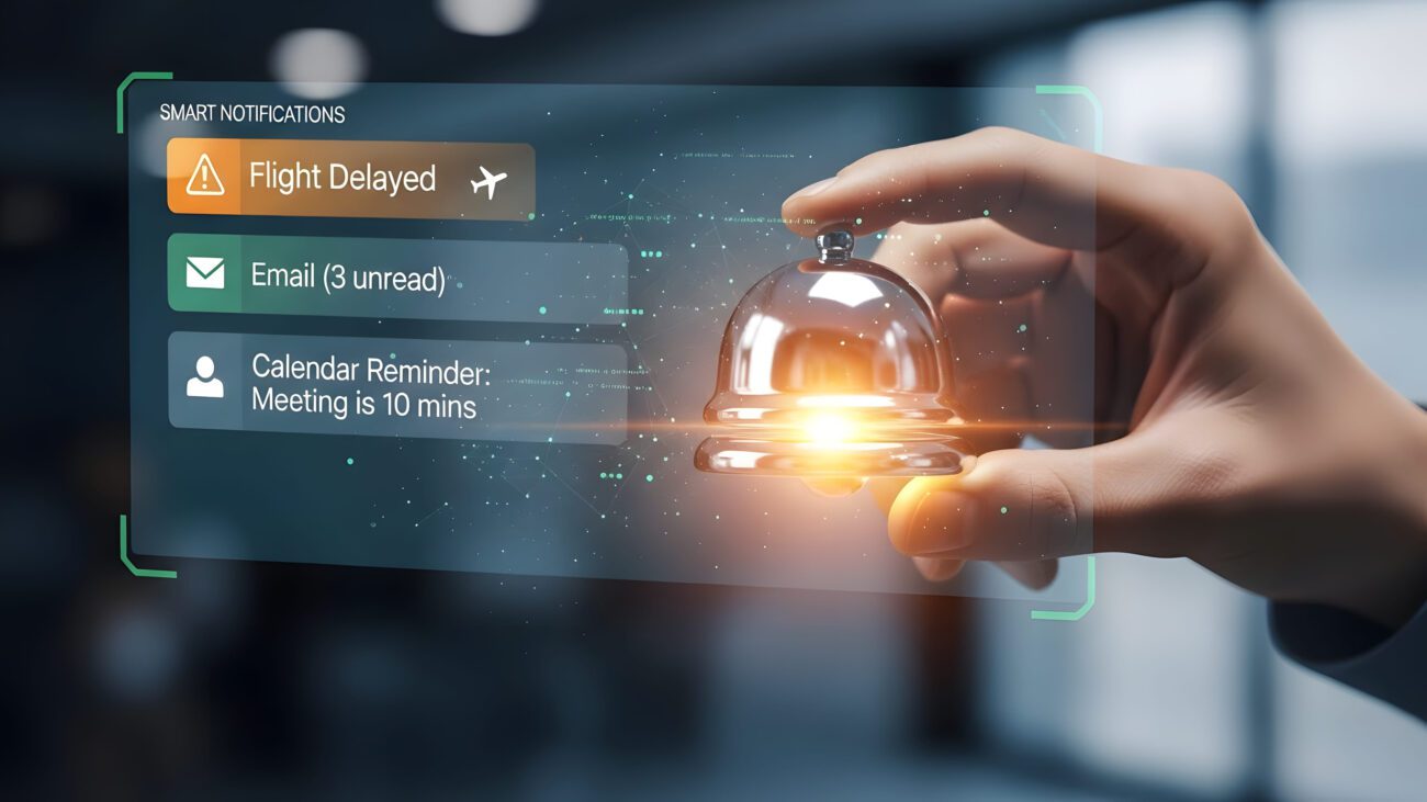 782587 Conekta Visual | diario-economia.com Hand holding a glass bell with a translucent screen showing smart notifications: Flight Delayed, Email (3 unread), Calendar reminder: Meeting in 10 mins.