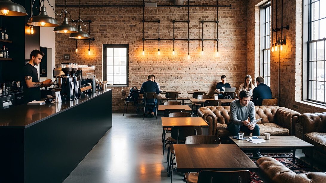 Industrial-style cafe interior with exposed brick, warm pendant lights, and customers working on laptops at wooden tables.