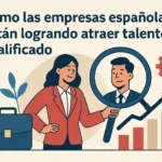 Ilustración: mujer ejecutiva con maletín busca talento a través de una lupa, con gráfico ascendente y engranaje de fondo para mostrar crecimiento.
