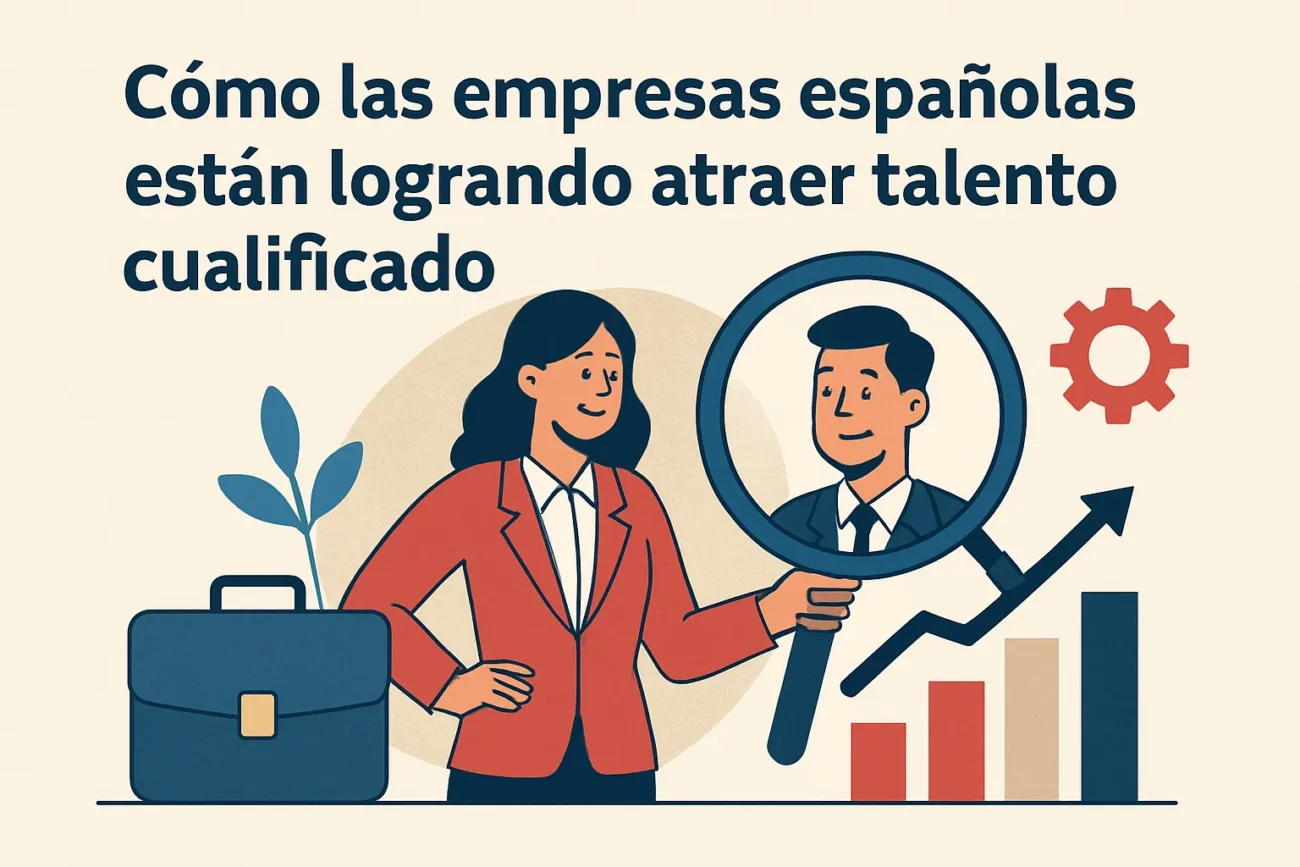Ilustración: mujer ejecutiva con maletín busca talento a través de una lupa, con gráfico ascendente y engranaje de fondo para mostrar crecimiento.