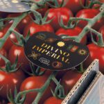 Cherry tomatoes on vine in a cardboard box with a black 'Divino Imperial' label on top handtag edge