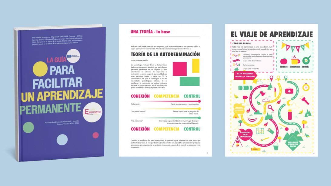 Herramientas - Learnlife IP | diario-economia.com Book cover in purple with Spanish title 'La guía para facilitar un aprendizaje permanente' and colorful circles on the cover.