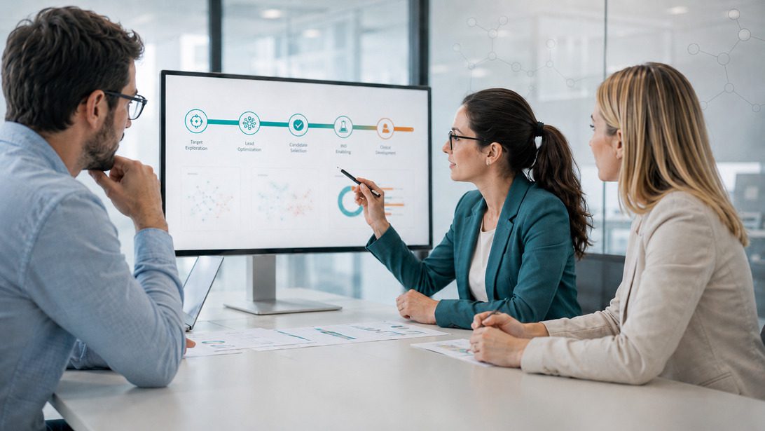 Vivotecnia - desarrollo medicamento - IP | diario-economia.com Team of three colleagues in a meeting discussing a workflow diagram on a large monitor.
