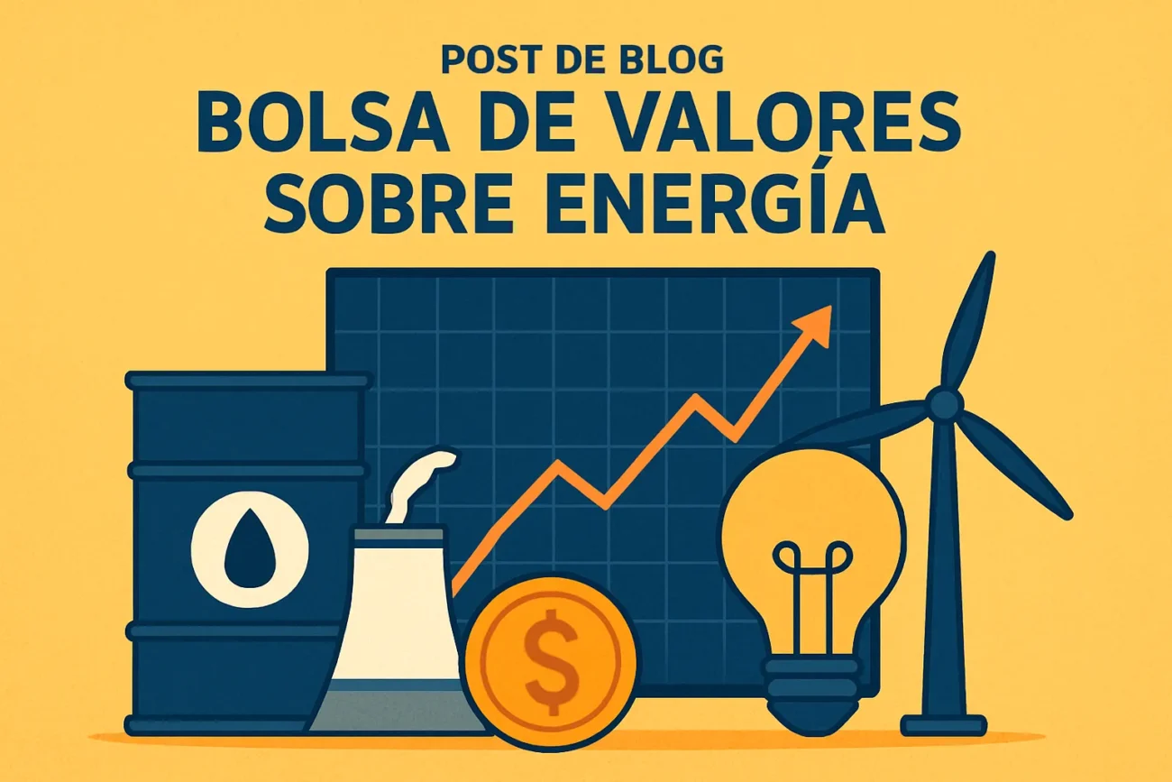 Energy stocks infographic: rising orange line on a grid with oil barrel, coins, light bulb, wind turbine, and power icons under Spanish blog post title.