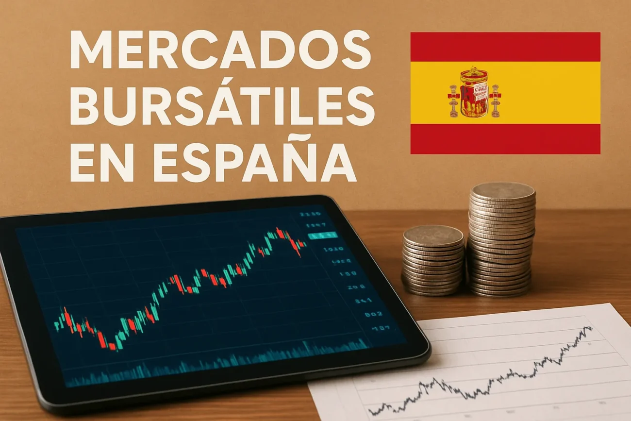 Spain stock markets: tablet with rising chart, coins, and a line graph on paper beside the Spanish flag and heading "Mercados bursátiles en España"
