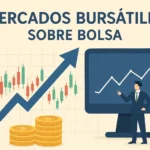 Professional presenting stock market growth: upward arrow, rising line graph on a monitor, and coins in the foreground, with Spanish title about stock markets above Bolsa.