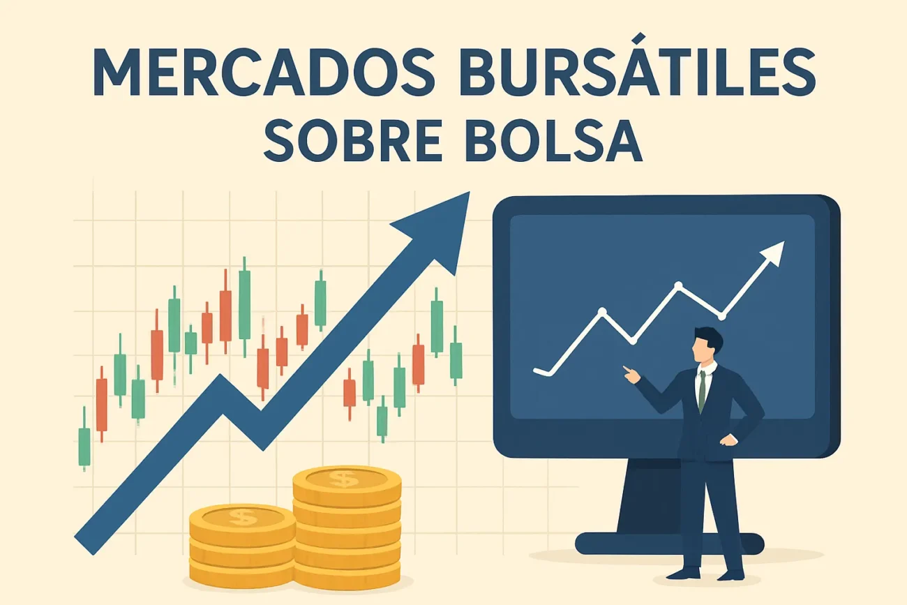 mercados-bursatiles-sobre-bolsa | diario-economia.com Professional presenting stock market growth: upward arrow, rising line graph on a monitor, and coins in the foreground, with Spanish title about stock markets above Bolsa.