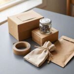 Cardboard boxes, packing tape, a lavender-filled jar, a fabric tied pouch, and a brown paper envelope on a gray table—eco-friendly packaging supplies ready for shipping or gifting.