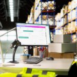 Warehouse desk with computer monitor showing inventory/picking dashboard, plus boxes and high‑visibility vest nearby on a sunny shelving backdrop