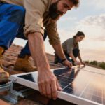 Two workers install a solar panel on a sloped roof at sunset, securing the panel with metal rails and tools at their belt.