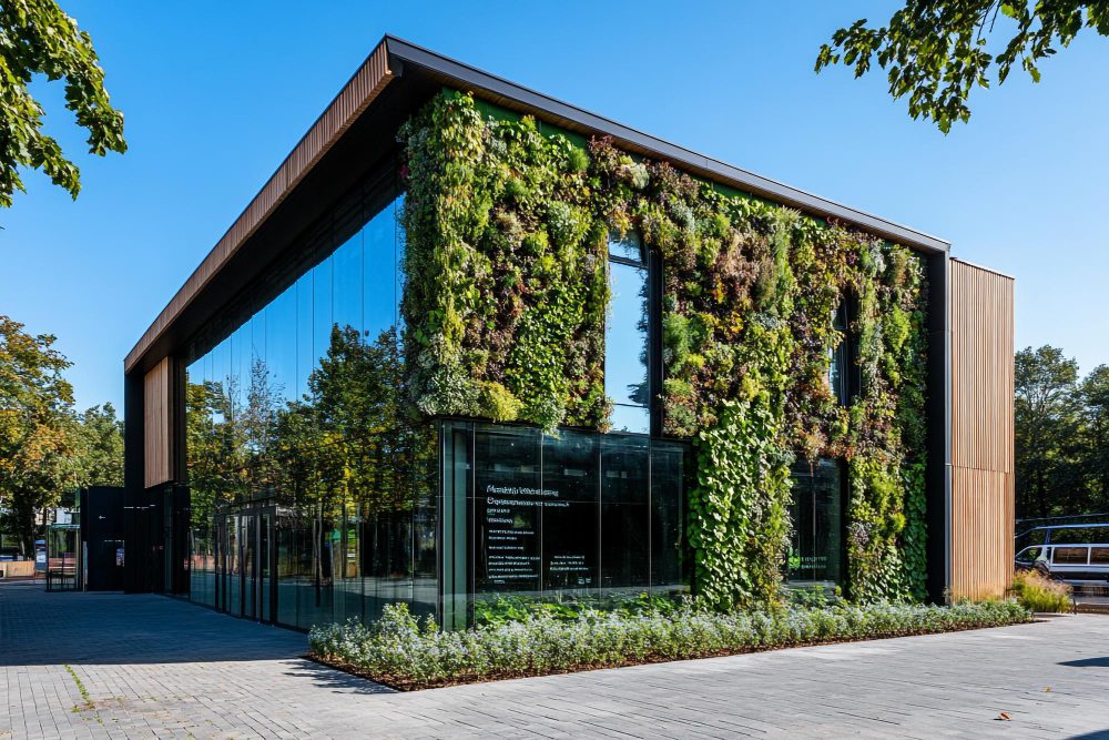 Modern glass-and-wood building with a living vertical garden on the façade.