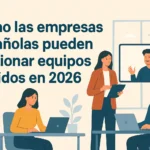 Ilustración de un equipo en una reunión híbrida con laptops, frente a un título en español sobre gestionar equipos híbridos en 2026.