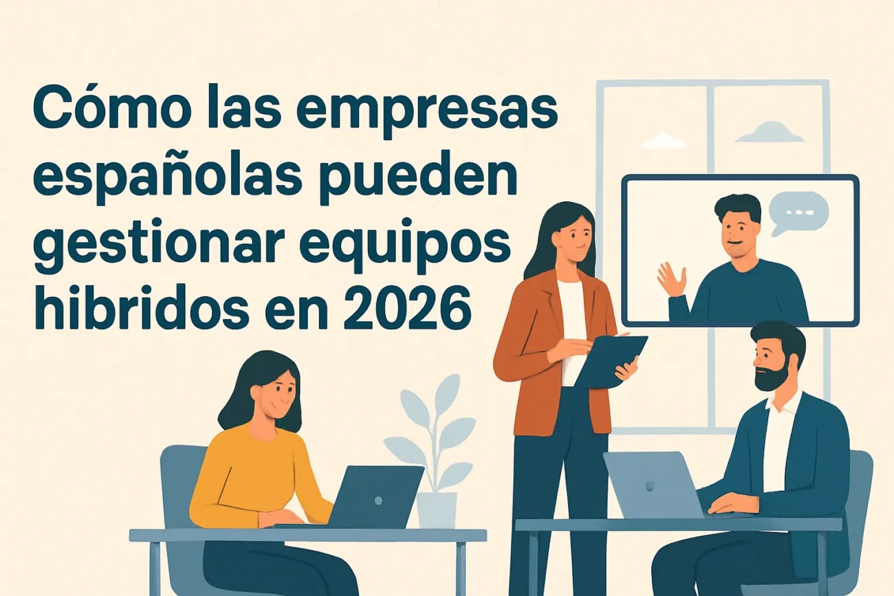 Ilustración de un equipo en una reunión híbrida con laptops, frente a un título en español sobre gestionar equipos híbridos en 2026.