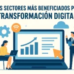 People around a large laptop showing a rising chart, with a woman typing on a laptop and a man presenting; Spanish title about sectors benefiting from digital transformation.