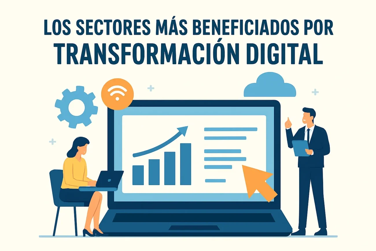 Los-sectores-mas-beneficiados-por-transformacion-digital | diario-economia.com People around a large laptop showing a rising chart, with a woman typing on a laptop and a man presenting; Spanish title about sectors benefiting from digital transformation.