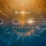 Abstract glow banner with flowing light waves and the text 'Docs Part Ten' alongside the OnlyOffice logo, orange and blue gradient background.