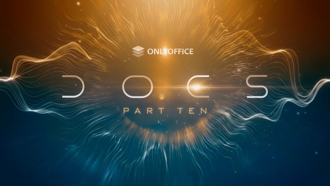 Abstract glow banner with flowing light waves and the text 'Docs Part Ten' alongside the OnlyOffice logo, orange and blue gradient background.