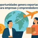 Informative illustration about export opportunities for businesses and entrepreneurs, showing globe, plane, coin, and people with laptop and package.