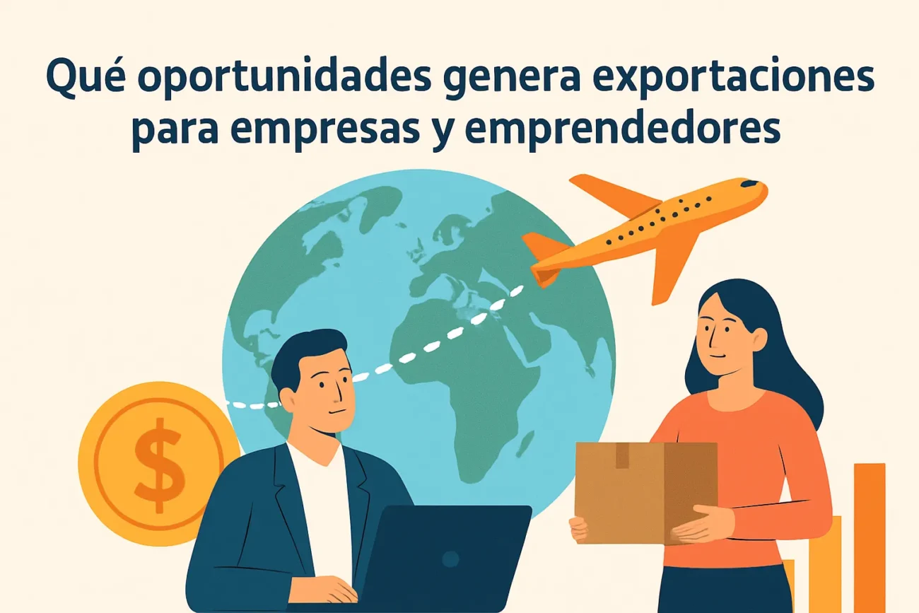 Informative illustration about export opportunities for businesses and entrepreneurs, showing globe, plane, coin, and people with laptop and package.