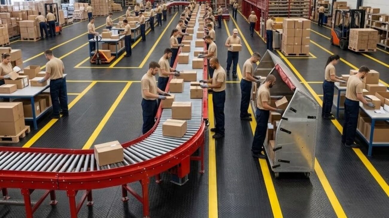 alfombras ergonomicas - IP | diario-economia.com Warehouse workers line a red curved conveyor belt, packing and labeling cardboard boxes in a large facility.