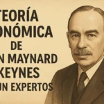 Cartel vintage con retrato de John Maynard Keynes a la derecha y texto grande en español sobre teoría económica.